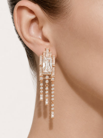 Art Deco Radiant-Cut Fringe Drop Earrings, 18K Rose Gold-Plated