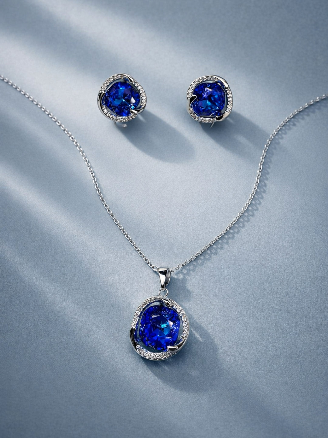 CL Blue CZ Pendant Necklace & Stud Earrings Set | Anti-Tarnish Jewelry