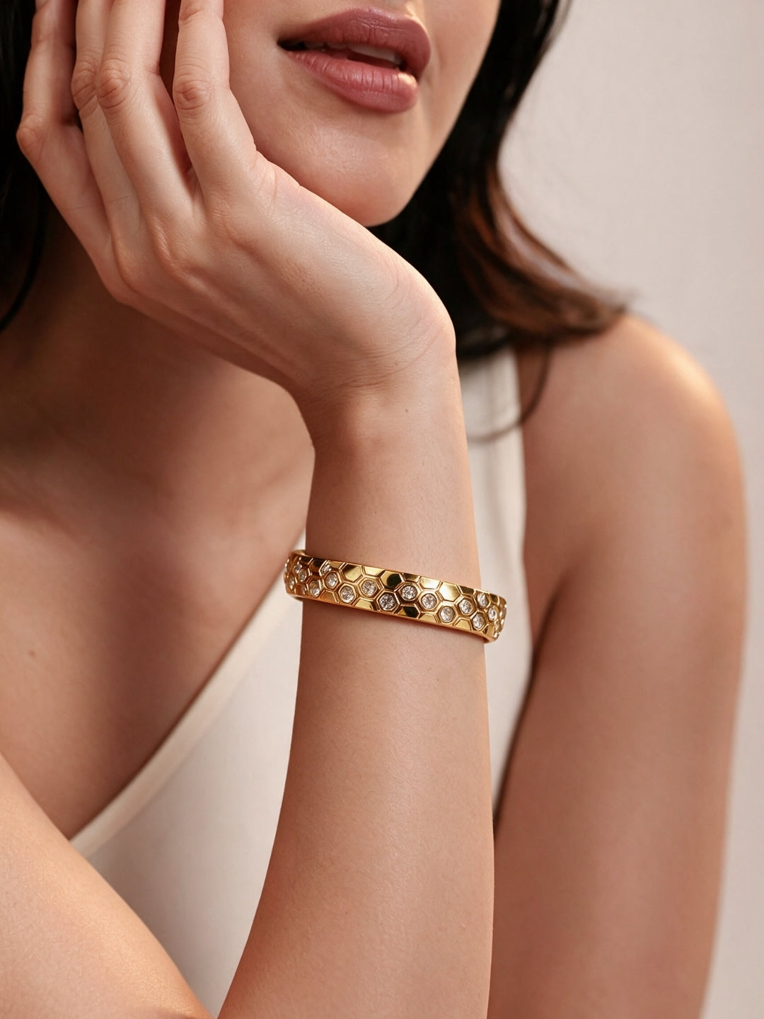 Honeycomb CZ Gold Cuff Bracelet