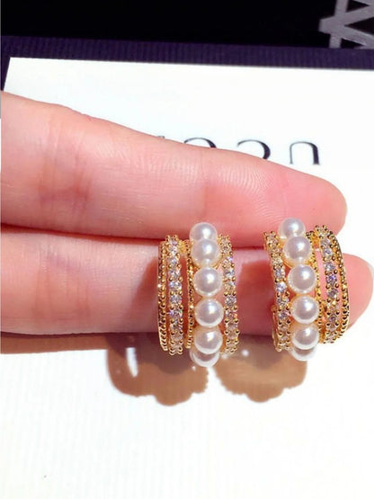 Gold Pearl & CZ Multi-Line Stud Earrings | Elegant Fashion Jewelry