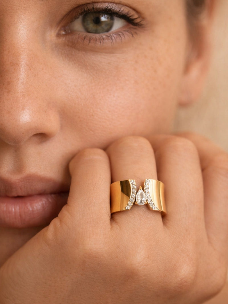 Broad Marquise CZ Gold Ring – Anti Tarnish Waterproof Statement Ring