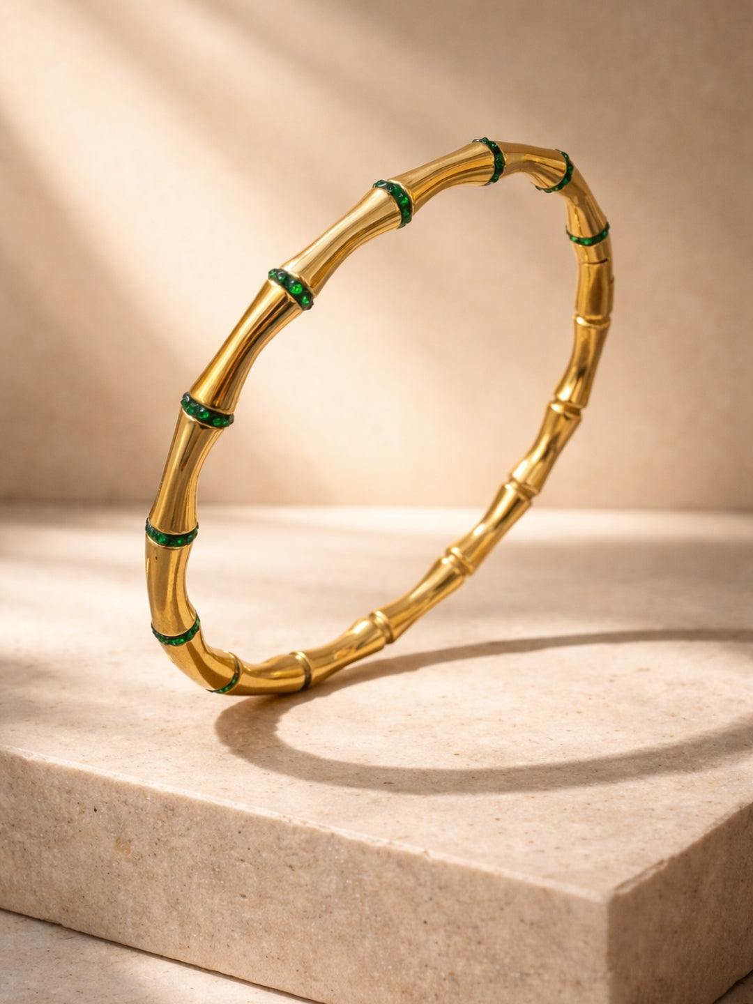 Emerald CZ Bamboo Cuff Bracelet in 18K Gold Plated Stainless Steel