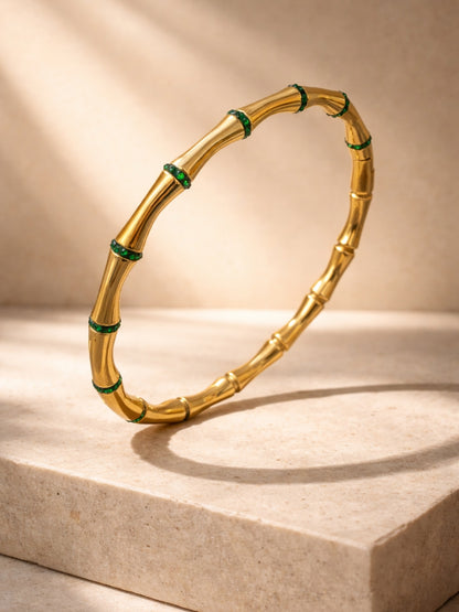 Emerald CZ Bamboo Cuff Bracelet in 18K Gold Plated Stainless Steel