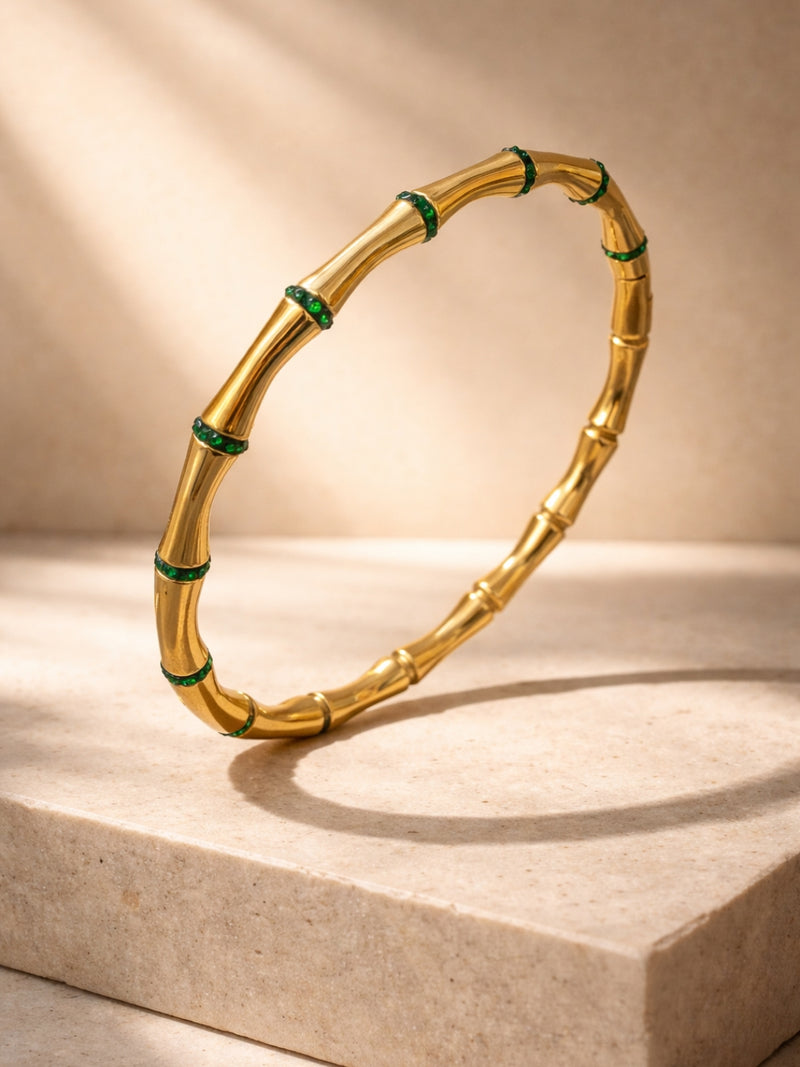 Emerald CZ Bamboo Cuff Bracelet in 18K Gold Plated Stainless Steel
