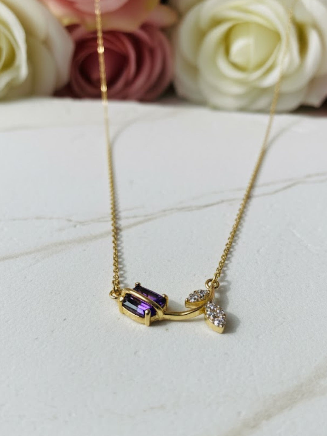 Anti-Tarnish Tulip Purple Stone Chain | 18K Gold CZ Jewelry