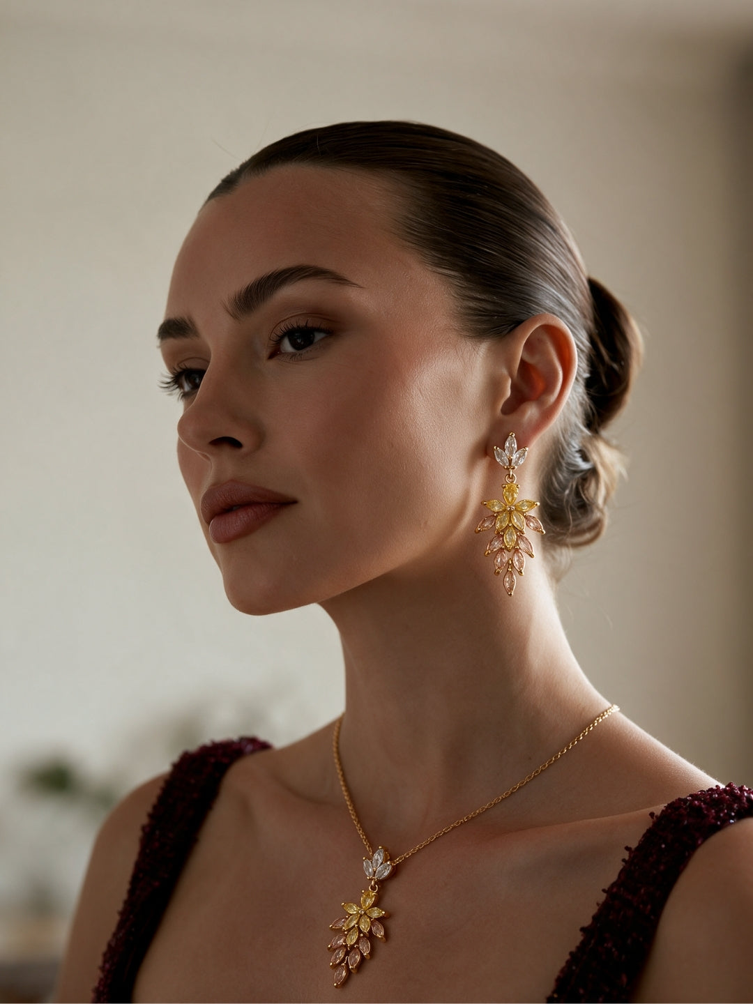 Felce Golden Leaf Cascade Necklace & Earring Set, 18K Gold-Plated