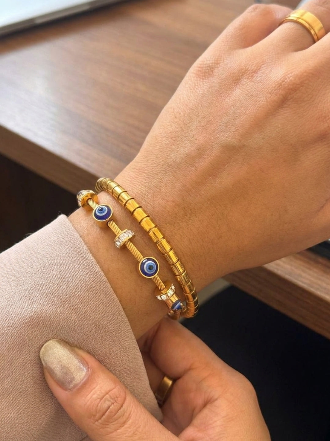Evil Eye & Gold Striped Bracelet Stack – Set of 2
