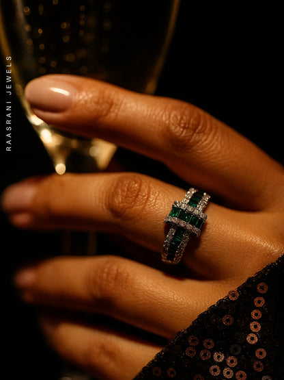 Emerald Bow Ring – 18K Gold Plated Adjustable Baguette CZ Stacking Ring