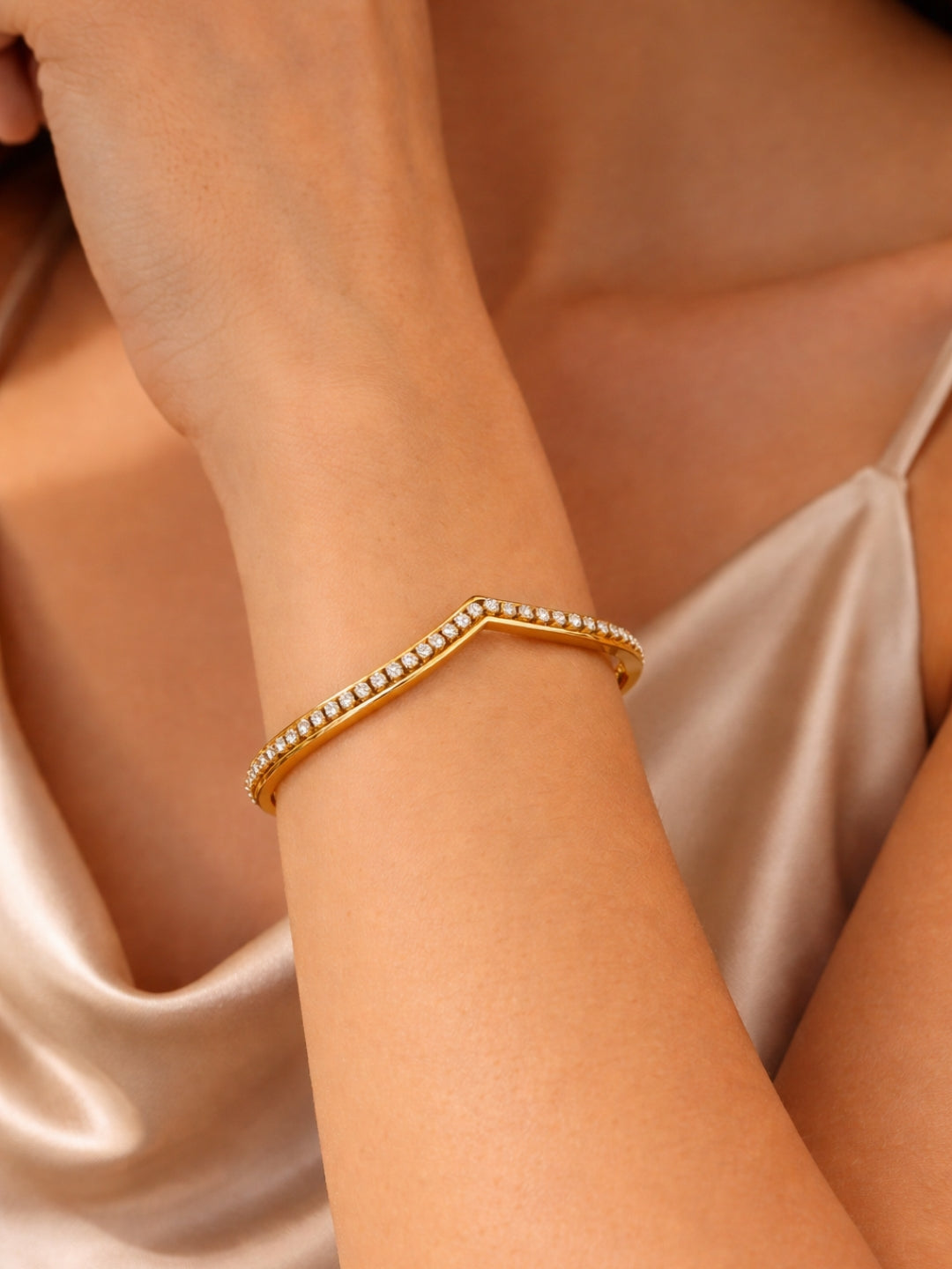 V Studded Cuff Bracelet in 18K Gold Plated Stainless Steel