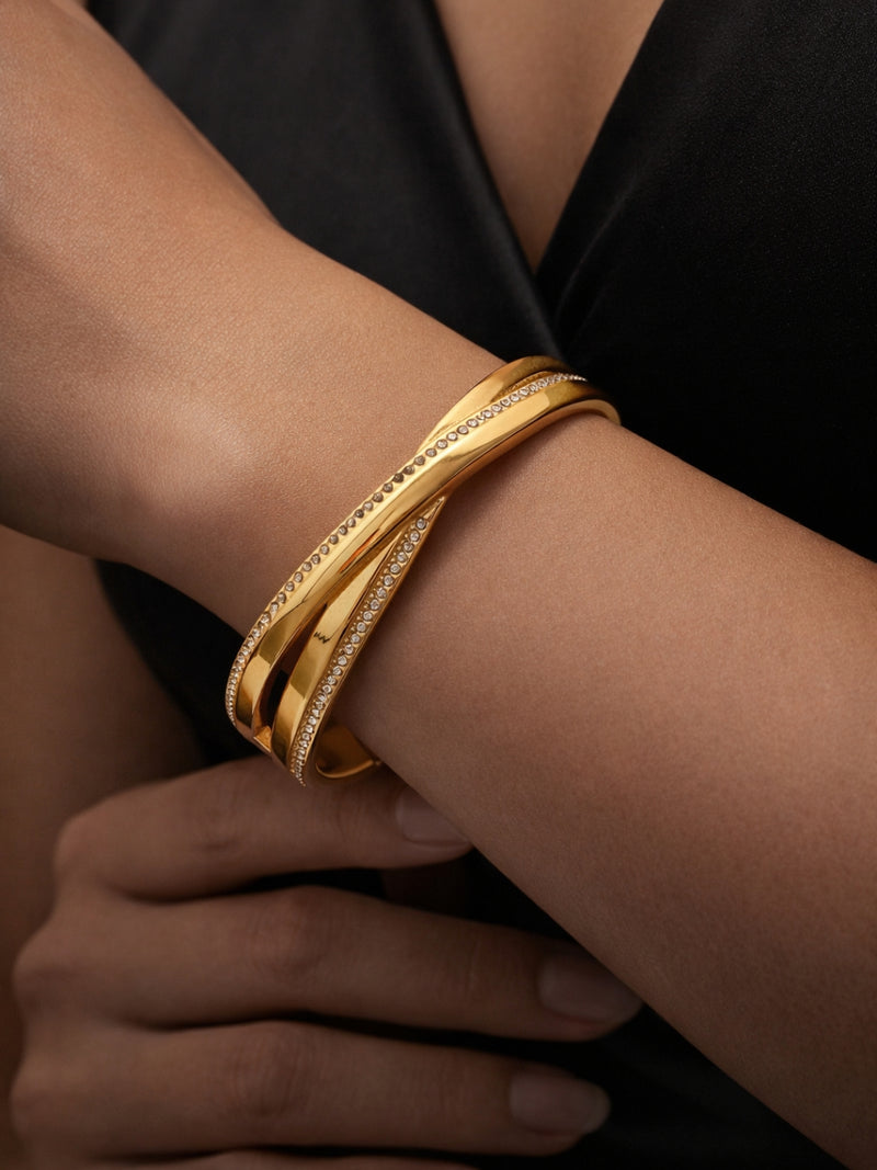 18K Gold Plated CZ Cross Bangle Bracelet | Anti Tarnish Steel