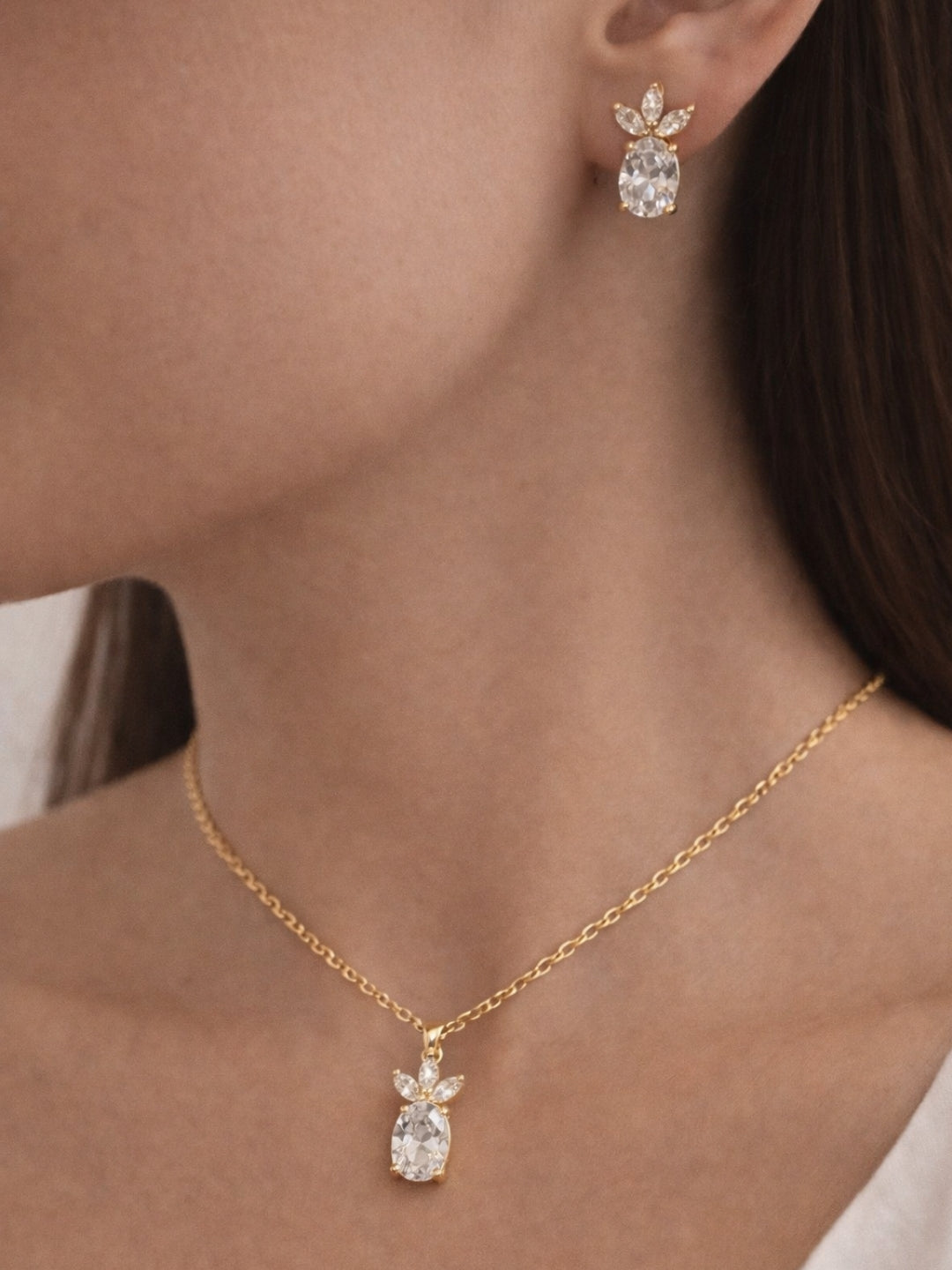 Marquise Leaf Solitaire CZ Jewelry Set – 18K Gold Plated