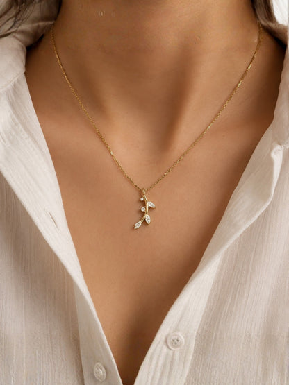 18K Gold Tiny Leaf CZ Pendant Necklace for Women | Anti Tarnish