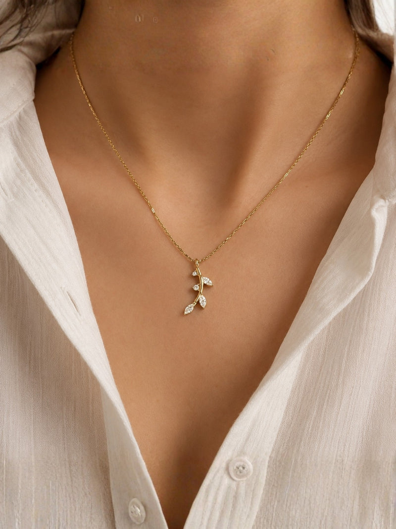18K Gold Tiny Leaf CZ Pendant Necklace for Women | Anti Tarnish