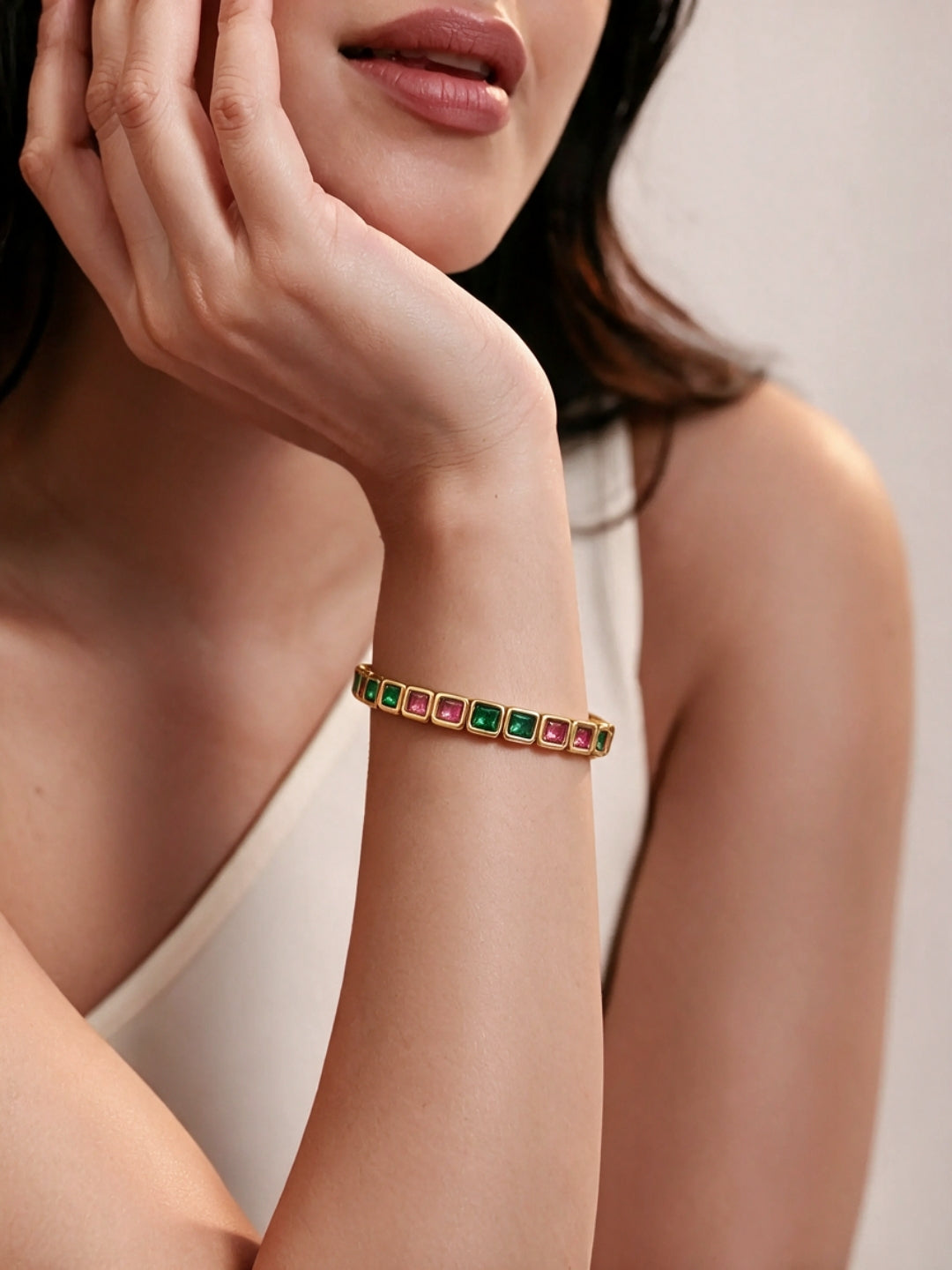 Green & Pink CZ Gold Plated Cuff Bracelet