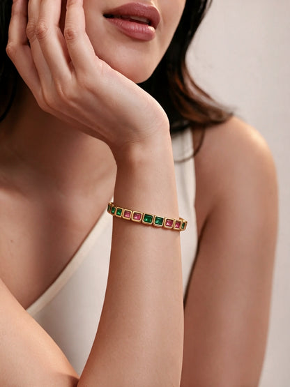 Green & Pink CZ Gold Plated Cuff Bracelet