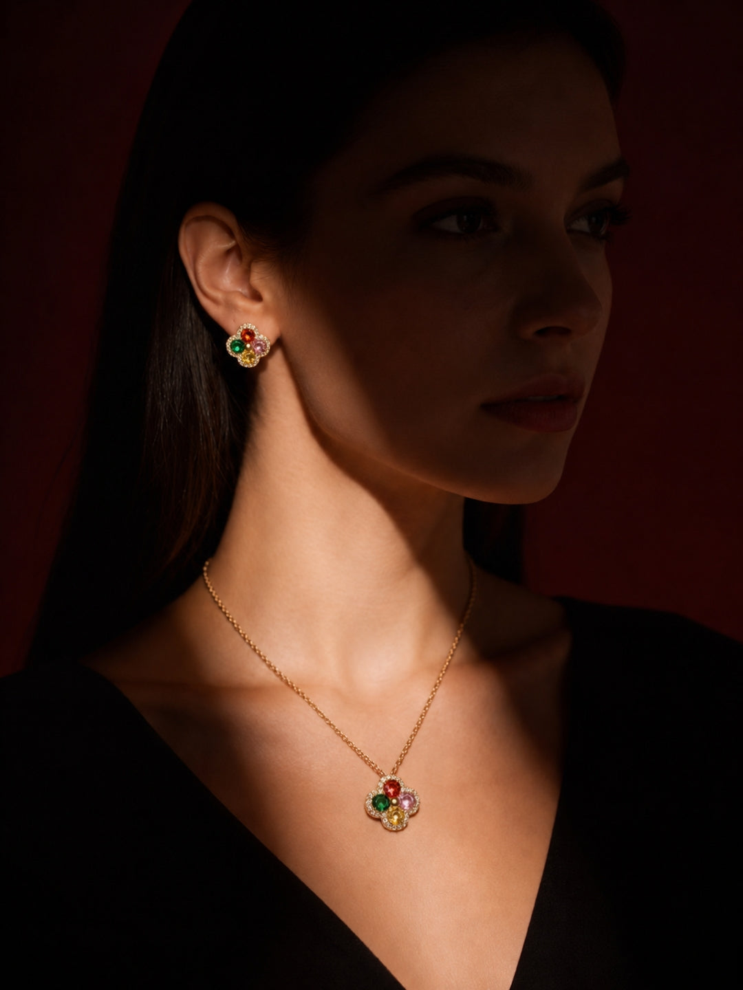 Gioia Multicolor Halo Necklace & Earring Set, 18K Gold-Plated