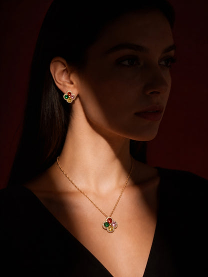 Gioia Multicolor Halo Necklace & Earring Set, 18K Gold-Plated