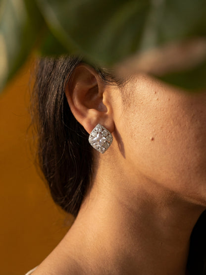 Designer Multi Stone CZ Stud Earrings – Rhodium Plated