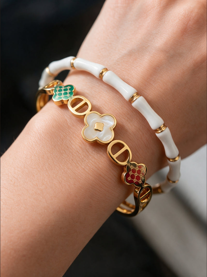 White & Gold Clover Bracelet Stack – Set of 2