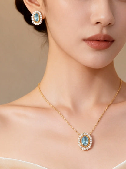 Acquamarina Double Halo Necklace & Earring Set, 18K Gold-Plated