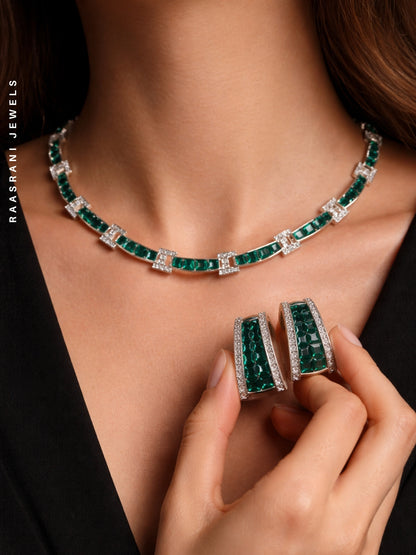Emerald CZ Rhodium Necklace Set | Luxe Partywear Jewelry