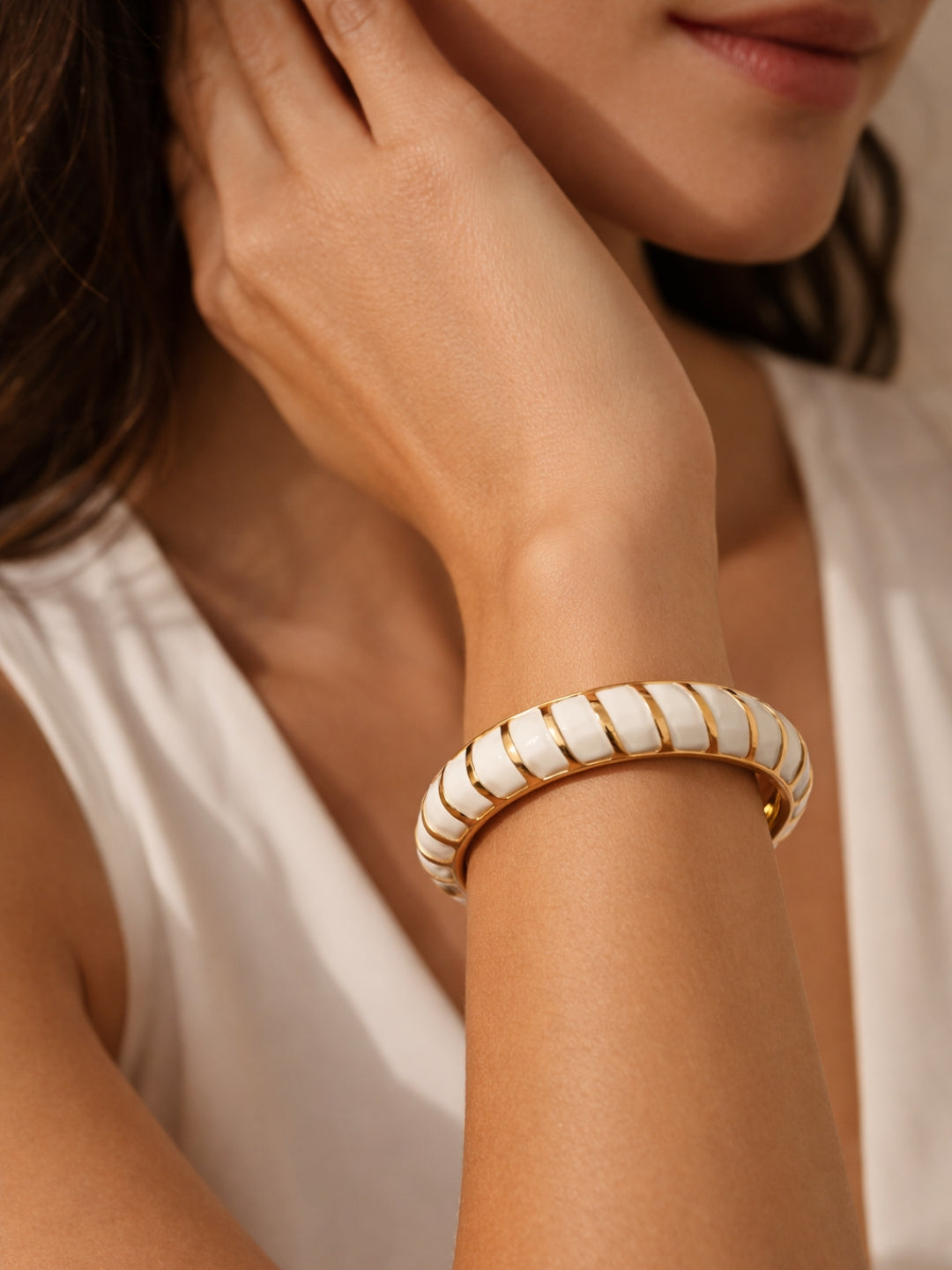 Ivory Diagonal Enamel Gold Bracelet | Anti-Tarnish Everyday Bangle
