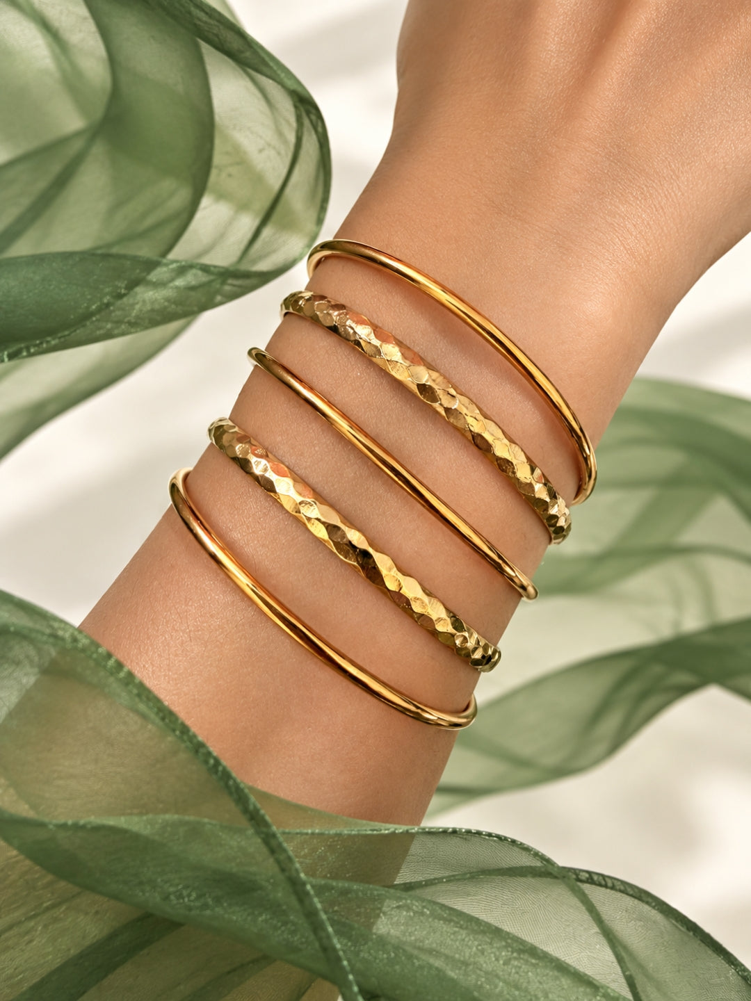 18K Gold Plated Hammered Stackable Bangle Set for Women