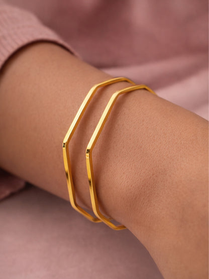 18K Gold Hexagon Bangles Set – Anti Tarnish Steel (Pair)