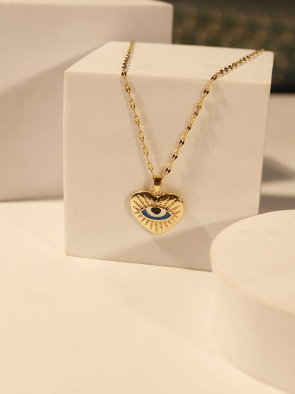 Evil Eye Heart Pendant Necklace in 14K Gold Plated Stainless Steel | Anti-Tarnish CZ Chain for Women