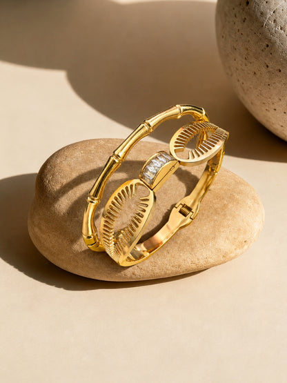 GOLD Cowrie Shell & Bamboo Bangles Set -18K Gold Plated Stainless Steel Stackable Bracelets.