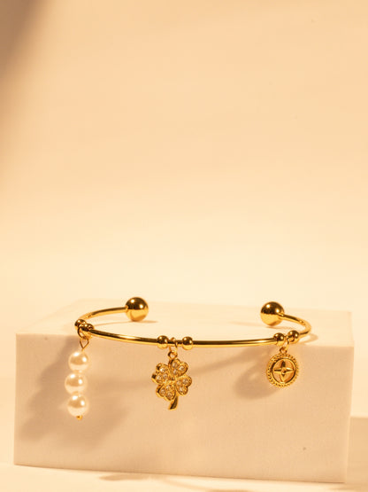 18K Gold-Plated Clover Charms Bracelet – Stainless Steel, CZ Stones & Pearl Charms, Anti-Tarnish & Hypoallergenic