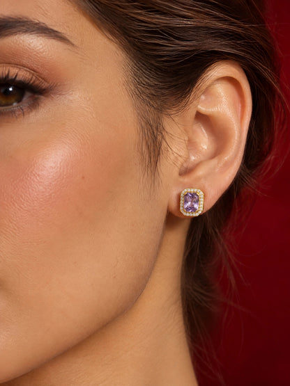 Rose Gold Purple Princess Cut CZ Hoop Earrings | Anti Tarnish