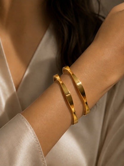 18K Gold Flat Wave Bangles Pair for Women | Anti Tarnish | 2.6