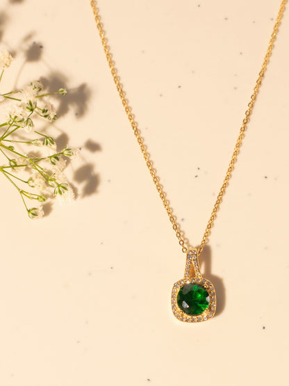 Elegant Gold-Plated Green Stone Pendant Chain – 316L Stainless Steel, AD Crystals