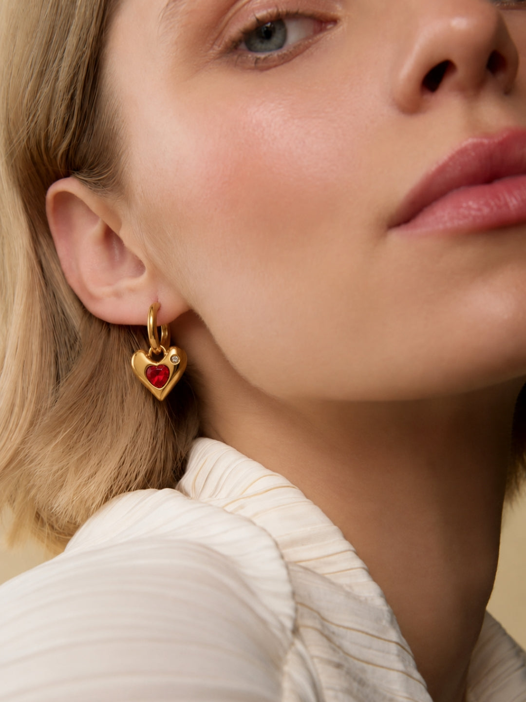 Sculpted Heart Charm Hoop Earrings, 18K Rose Gold-Plated - Red