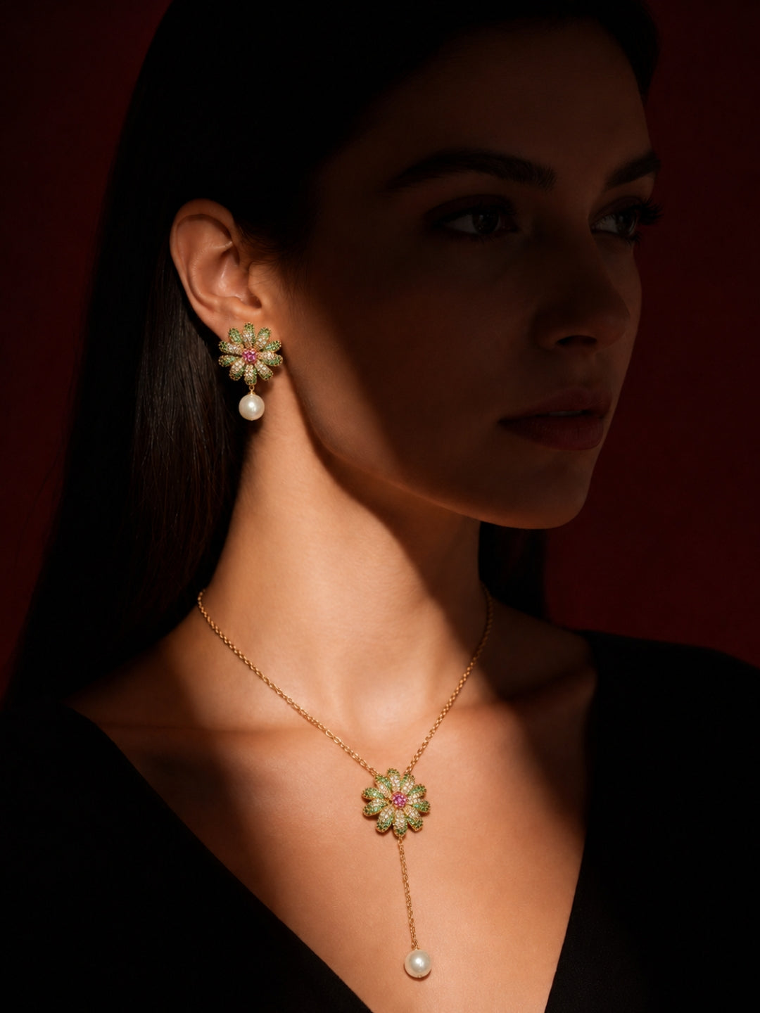 Margherita Floral Pearl Drop Necklace & Earring Set, 18K Gold-Plated