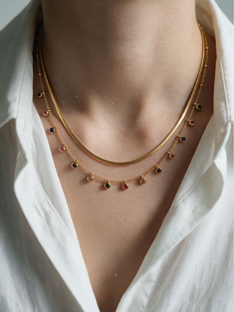 Layered Gold Necklace Combo with Multicolor Stone Drops
