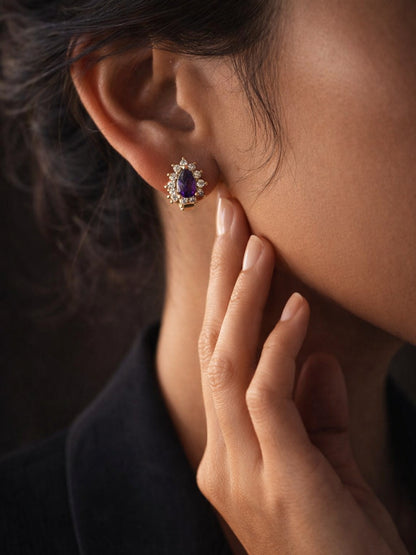 Purple CZ Halo Mini Hoops – 18K Rose Gold Anti Tarnish Earrings