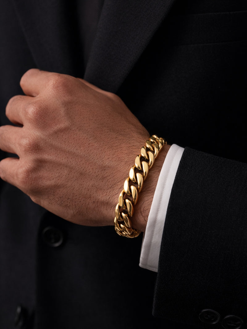 18K Gold Plated Cuban Link Bracelet for Men | Thick Stainless Steel