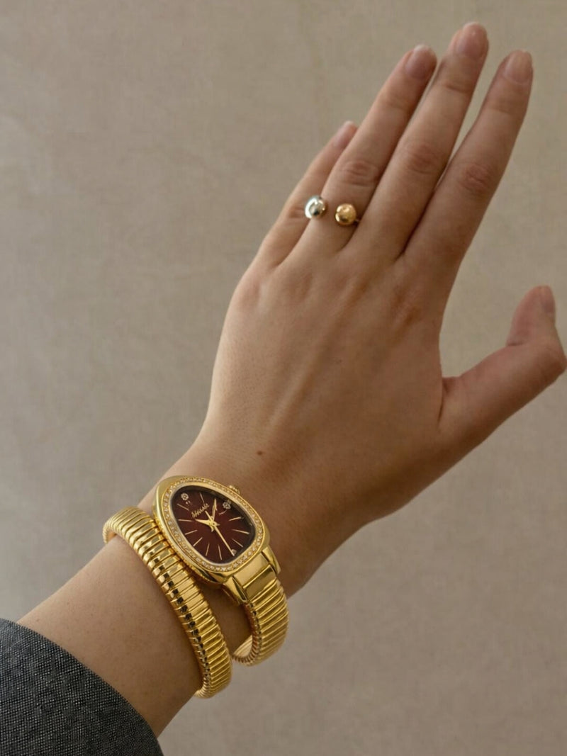 Ruby Dial Spiral Serpenti Gold Watch-Style Bracelet with CZ Stones