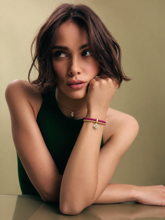 Fuchsia Pink Braided Double line Clover Band Cuff-18KT Gold Plated