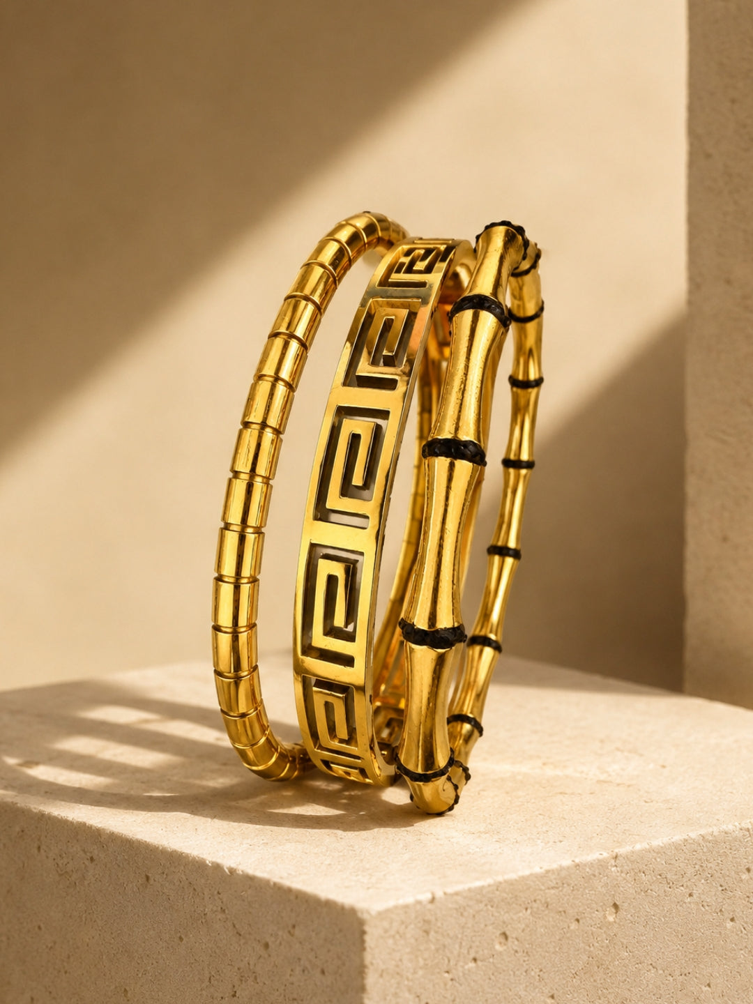 The Meander Trio | Set of 3 Stacking Bangles – Greek Key, Bamboo & Ridged Cuffs