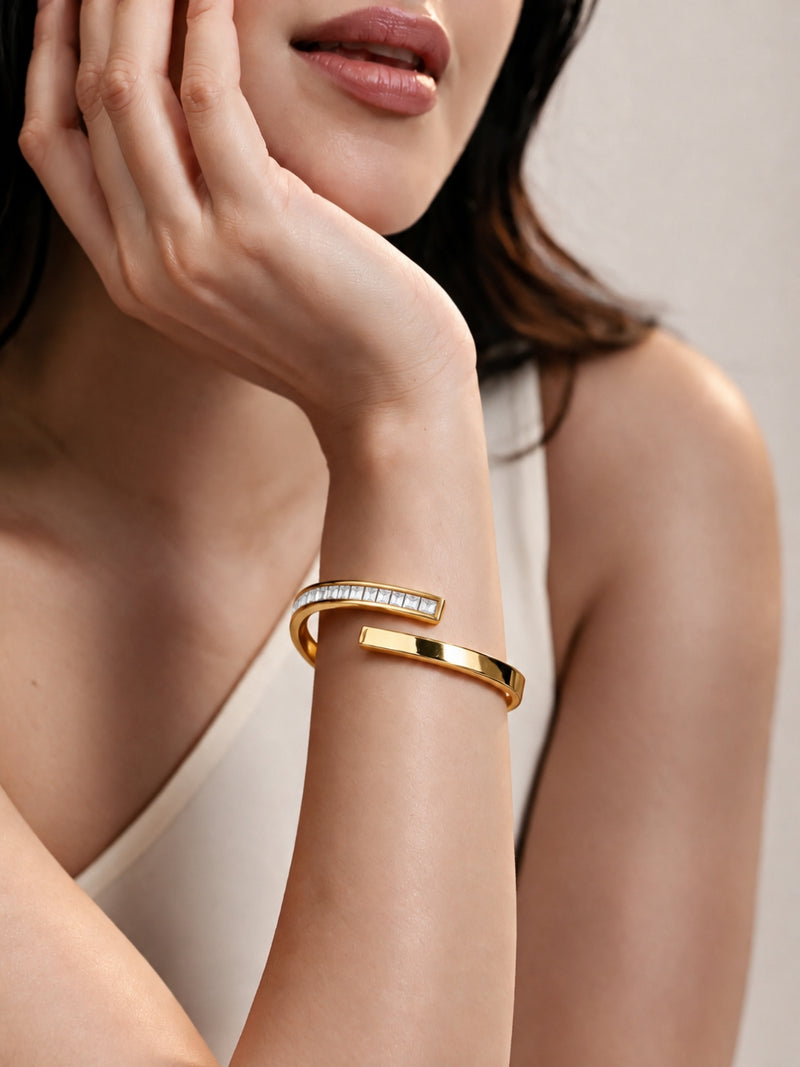 White CZ Gold Plated Cuff Bracelet -18KT Gold Plated