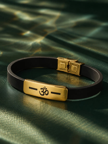 Om Engraved Men's Bracelet – Thick 18K Gold Plated Stainless Steel with Black Silicone