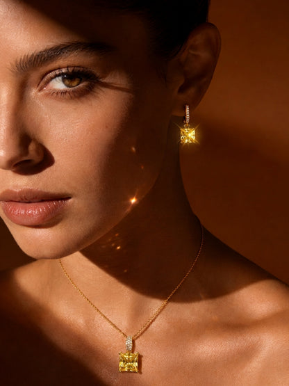 Yellow Square-Cut Pendant Necklace & Huggie Earring Set, 18K Gold-Plated
