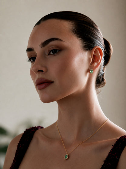 Pino Green Oval Halo Necklace & Earring Set, 18K Gold-Plated