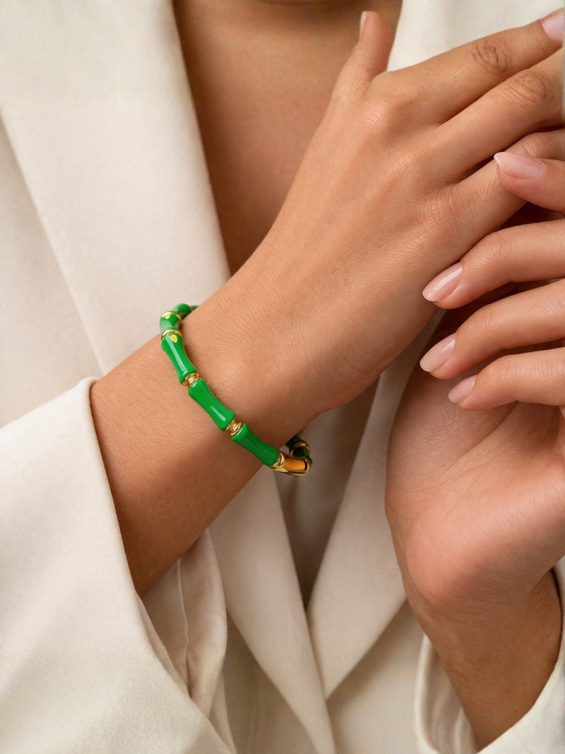 Green Bamboo Enamel Gold Plated Cuff Bracelet for Women