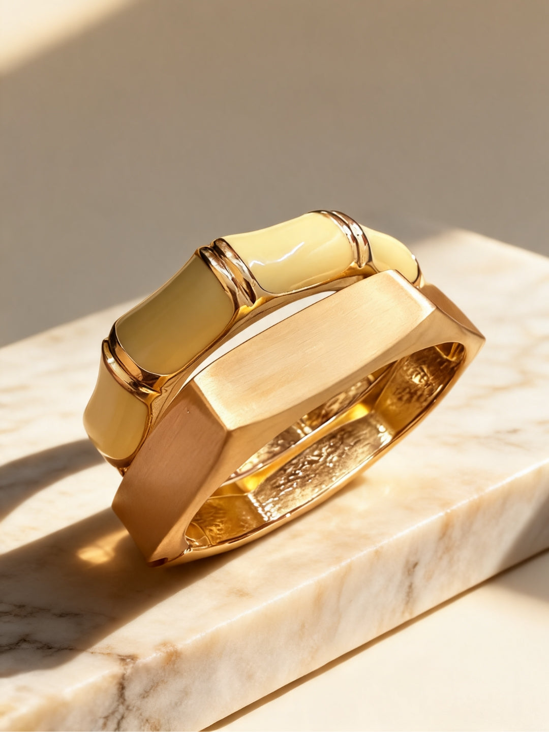 Ivory Bamboo Enamel & Faceted Gold Cuff Bracelet – Stack of 2