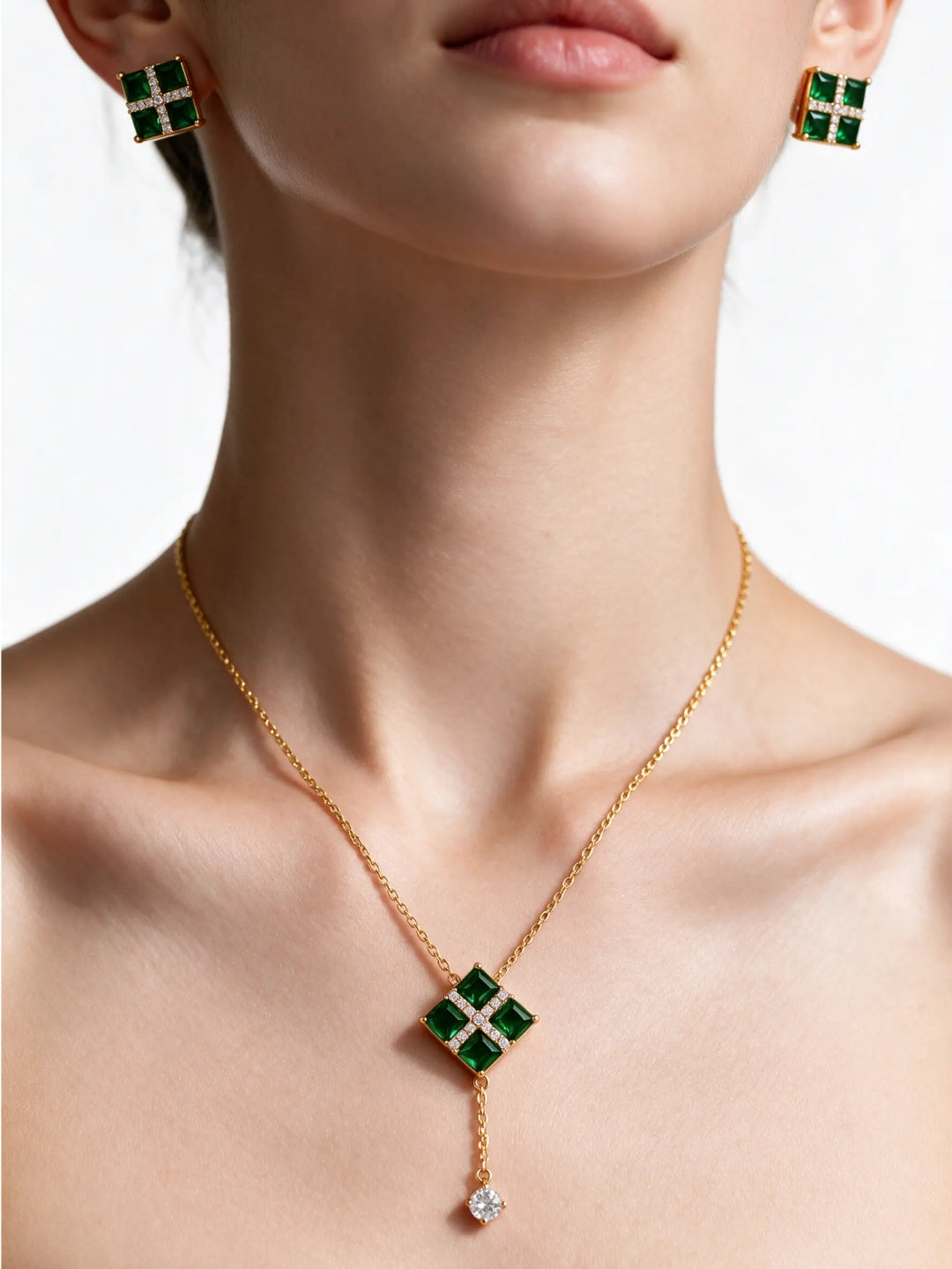 Vetrata Green Windowpane Necklace & Earring Set, 18K Gold-Plated