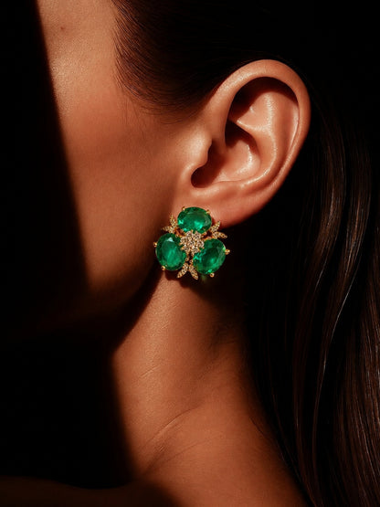 Emerald Trefoil Cluster Stud Earrings, 18K Gold-Plated